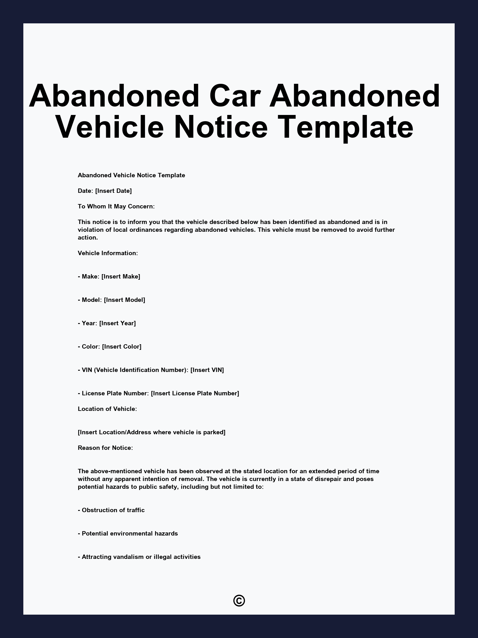 Abandoned Car Abandoned Vehicle Notice Template