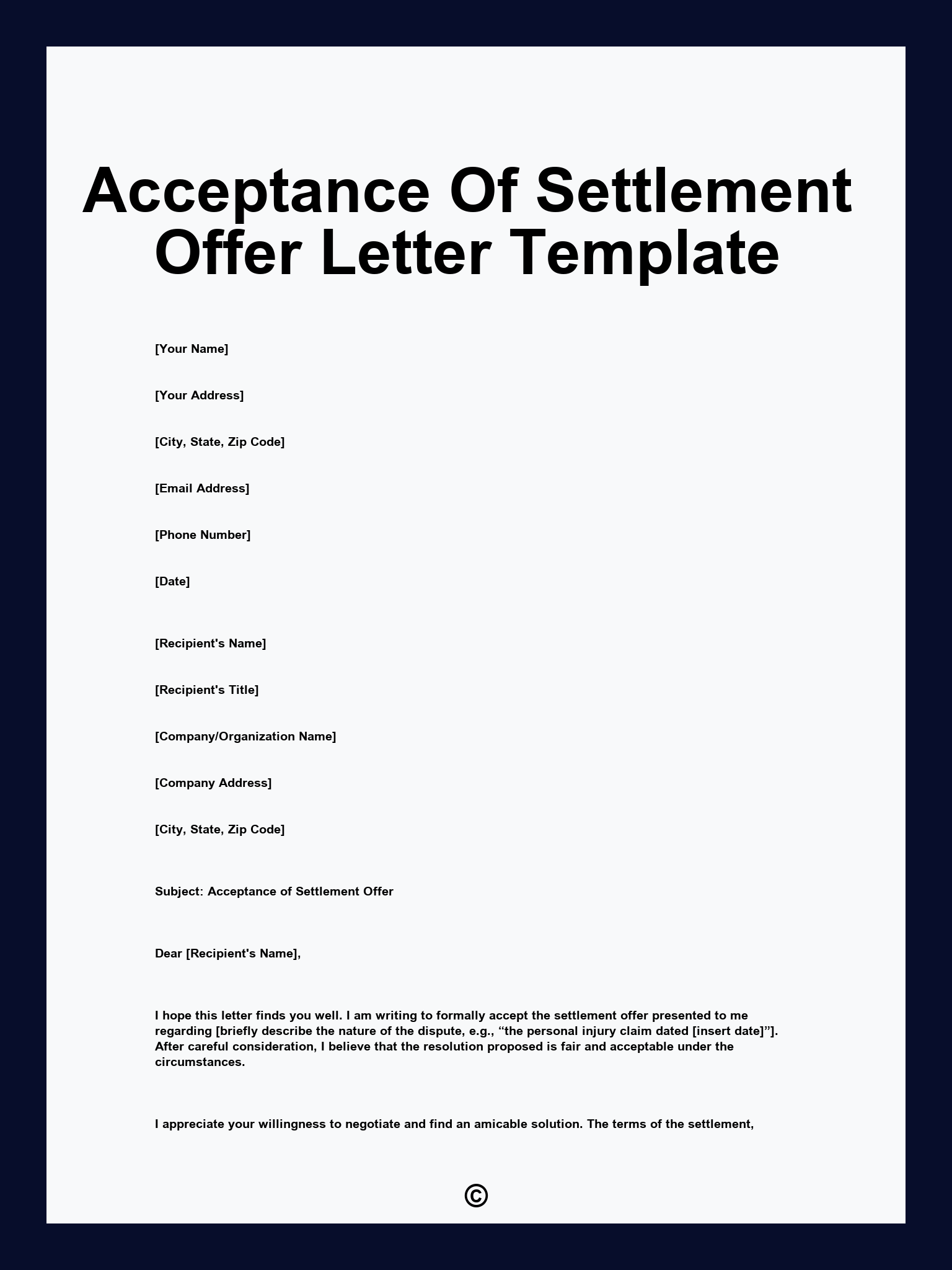 Acceptance Of Settlement Offer Letter Template