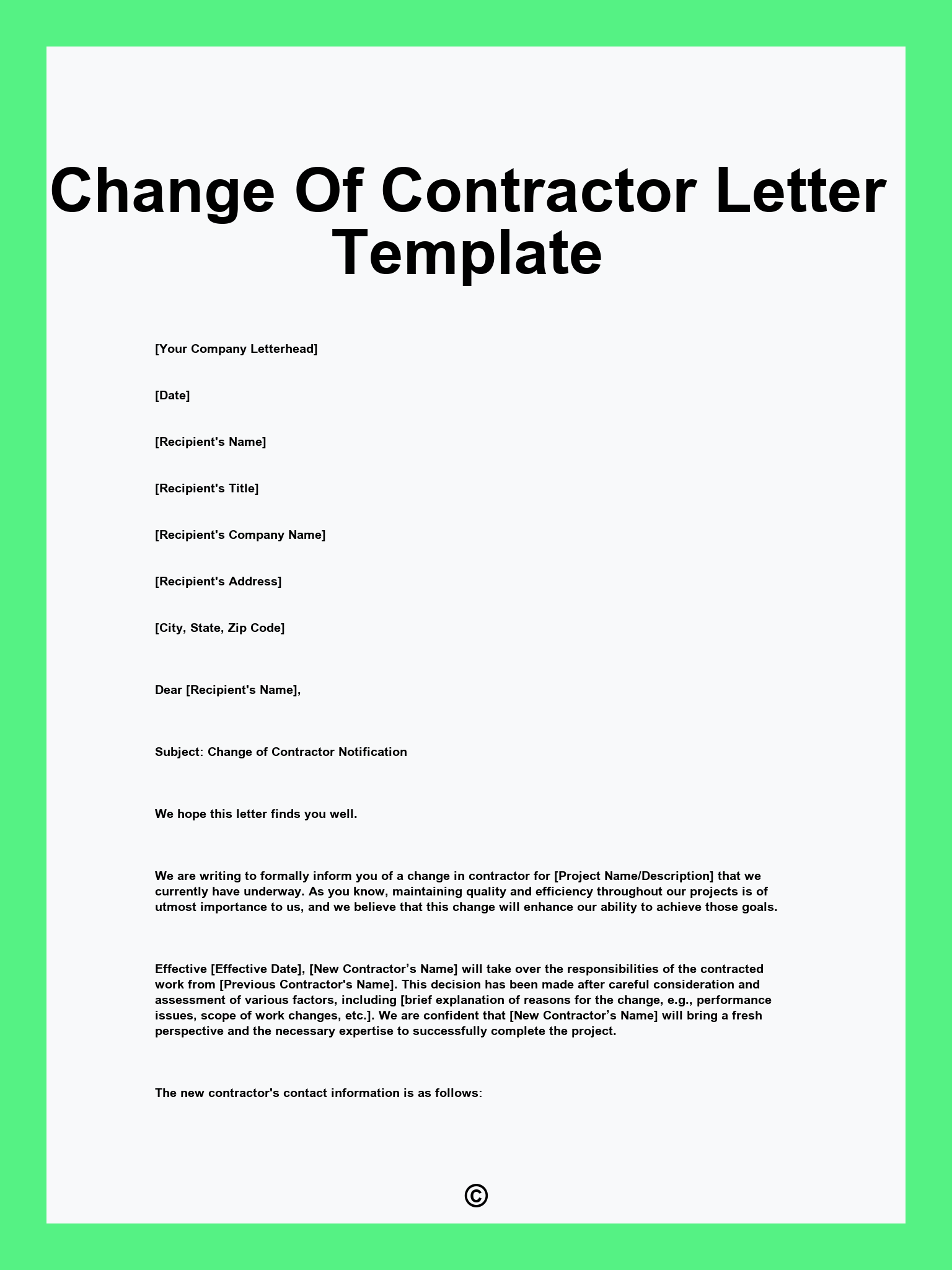 Change Of Contractor Letter Template