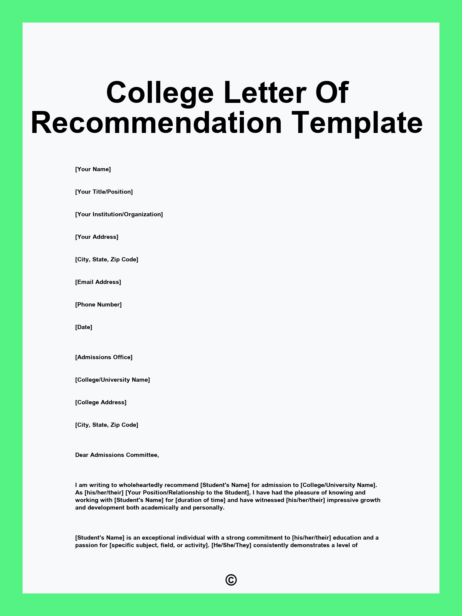 College Letter Of Recommendation Template