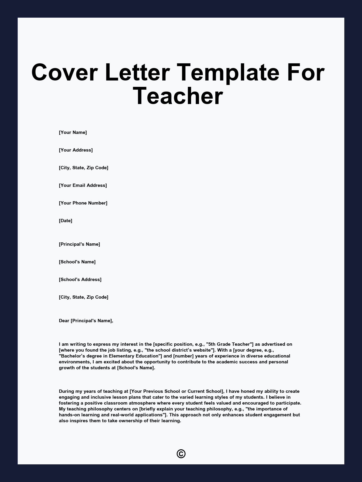 Cover Letter Template For Teacher