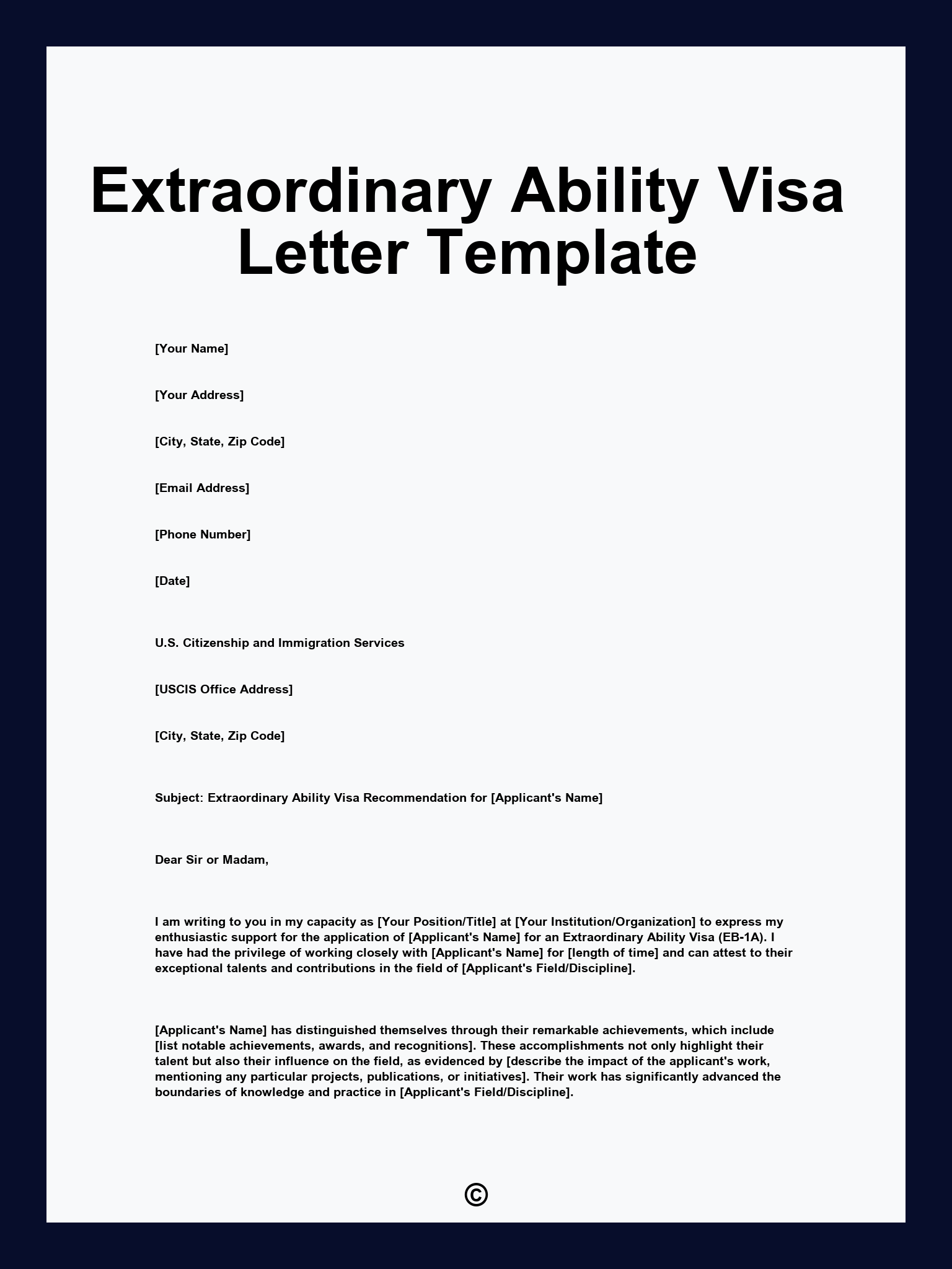 Extraordinary Ability Visa Letter Template