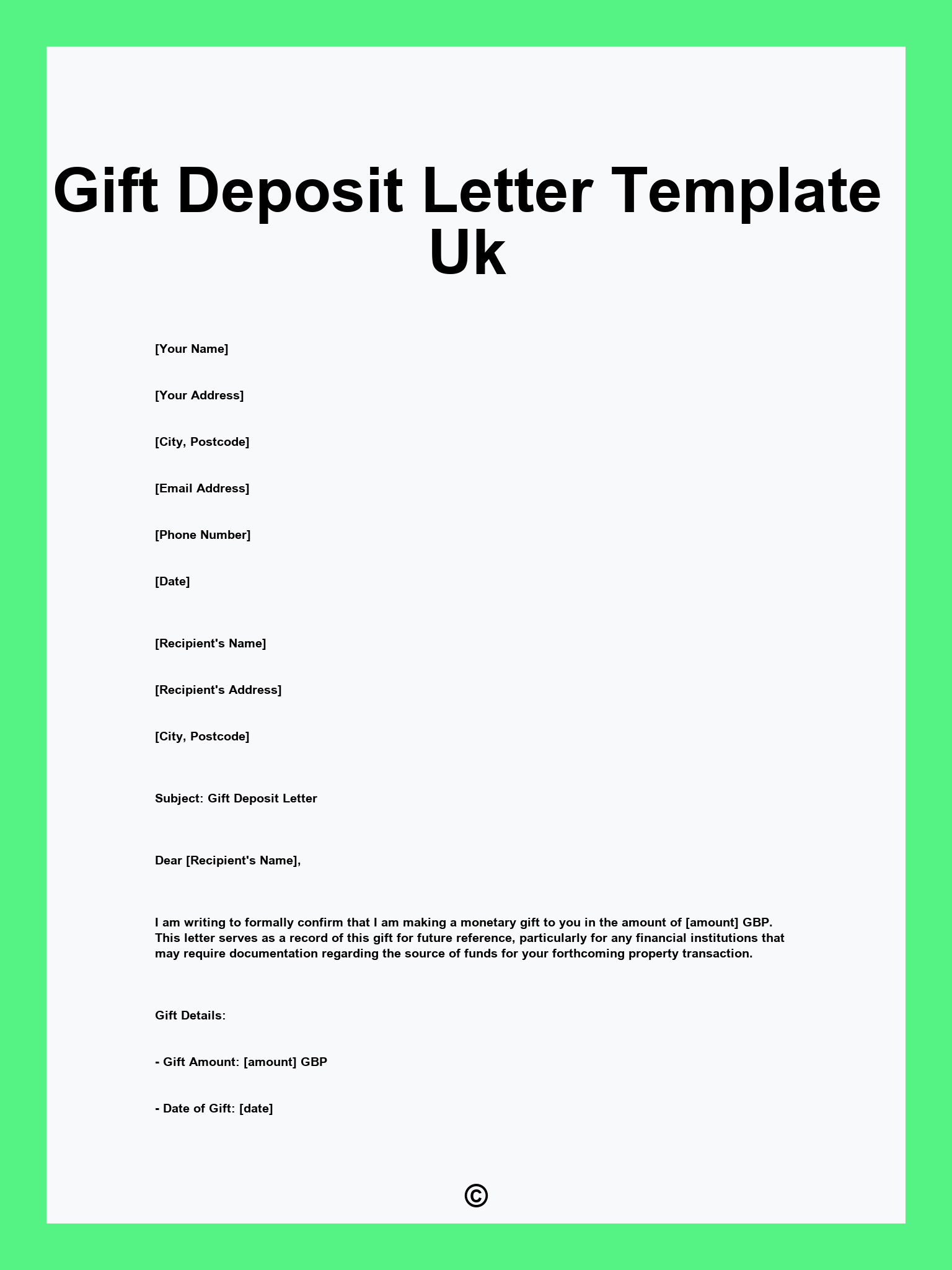 Gift Deposit Letter Template Uk