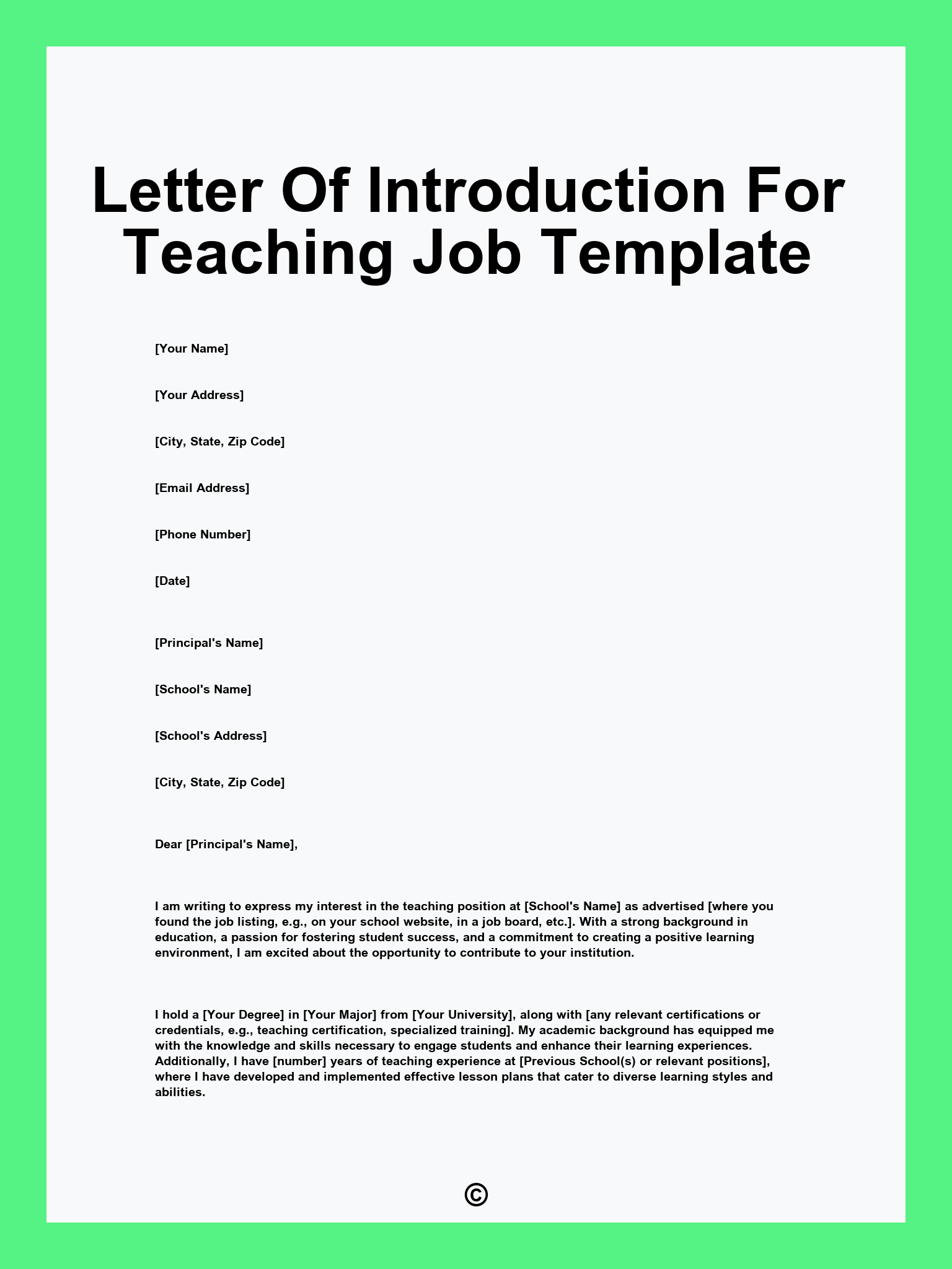 Letter Of Introduction For Teaching Job Template