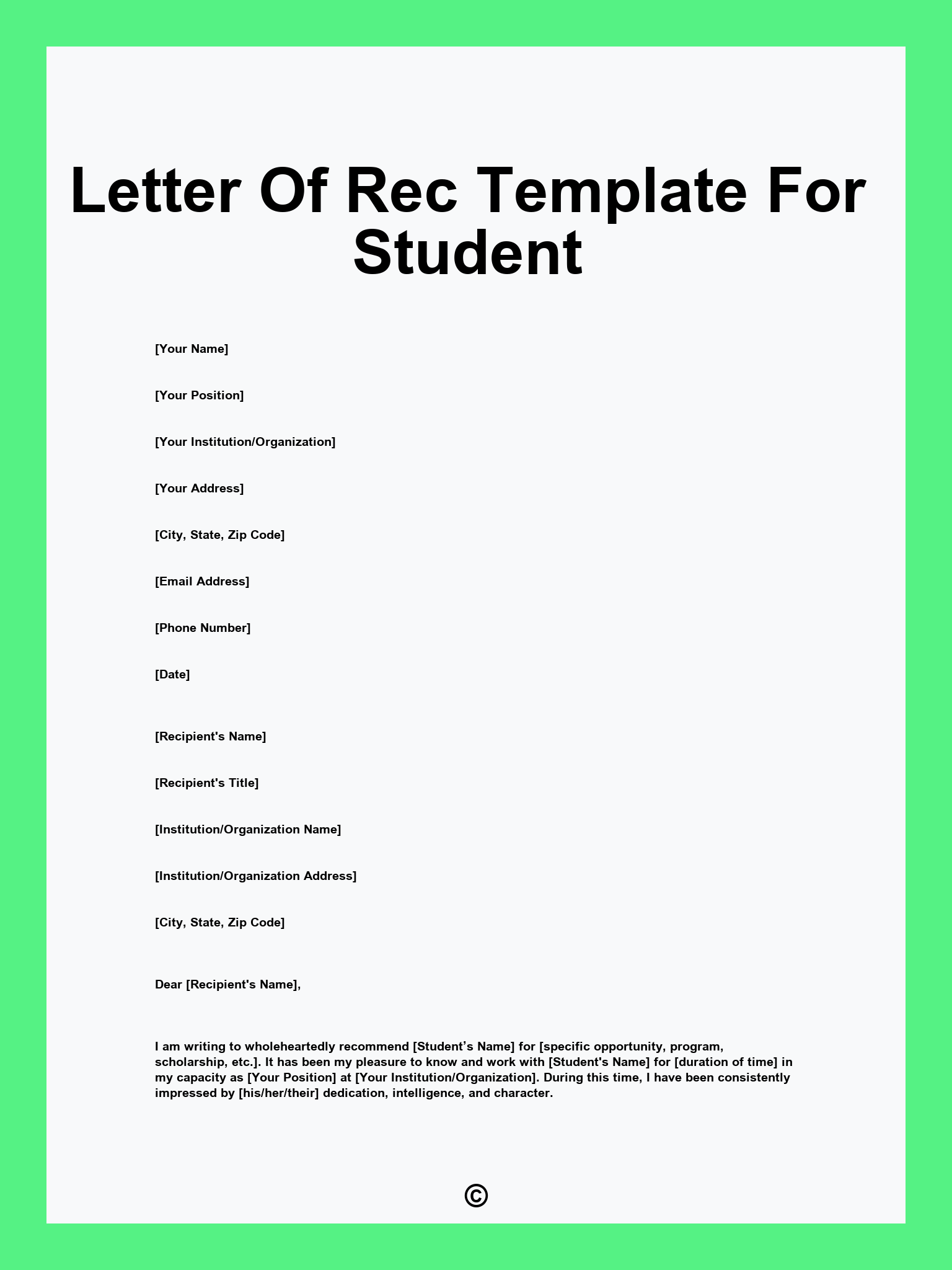 Letter Of Rec Template For Student