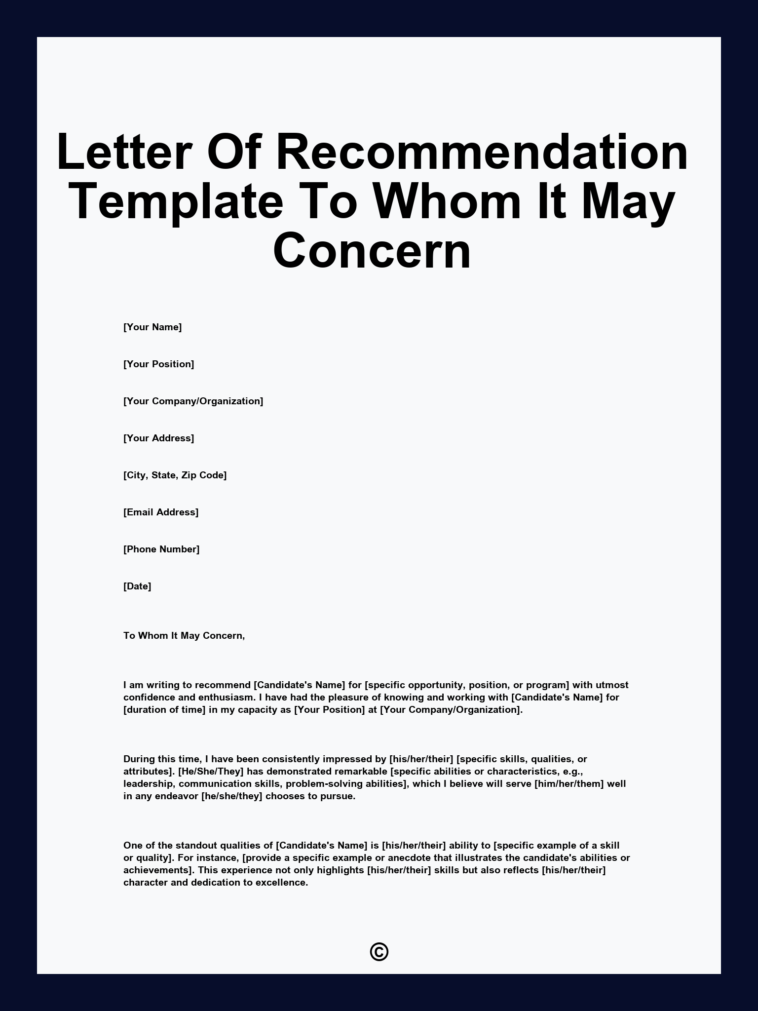 Letter Of Recommendation Template To Whom It May Concern