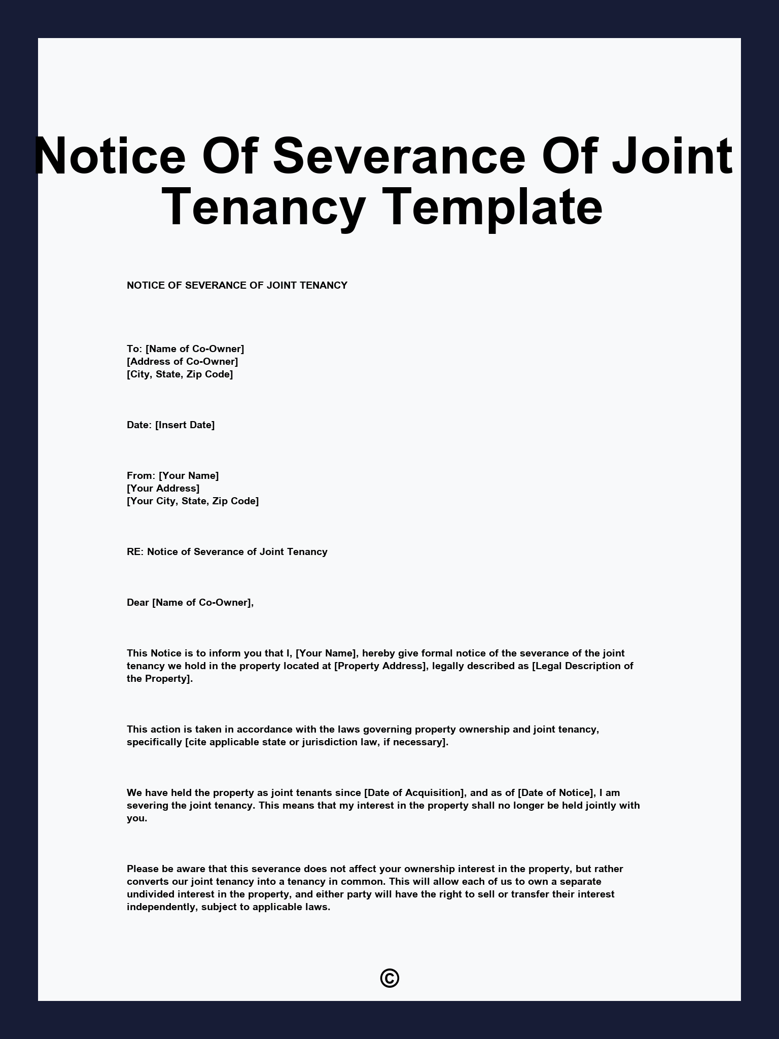 Notice Of Severance Of Joint Tenancy Template