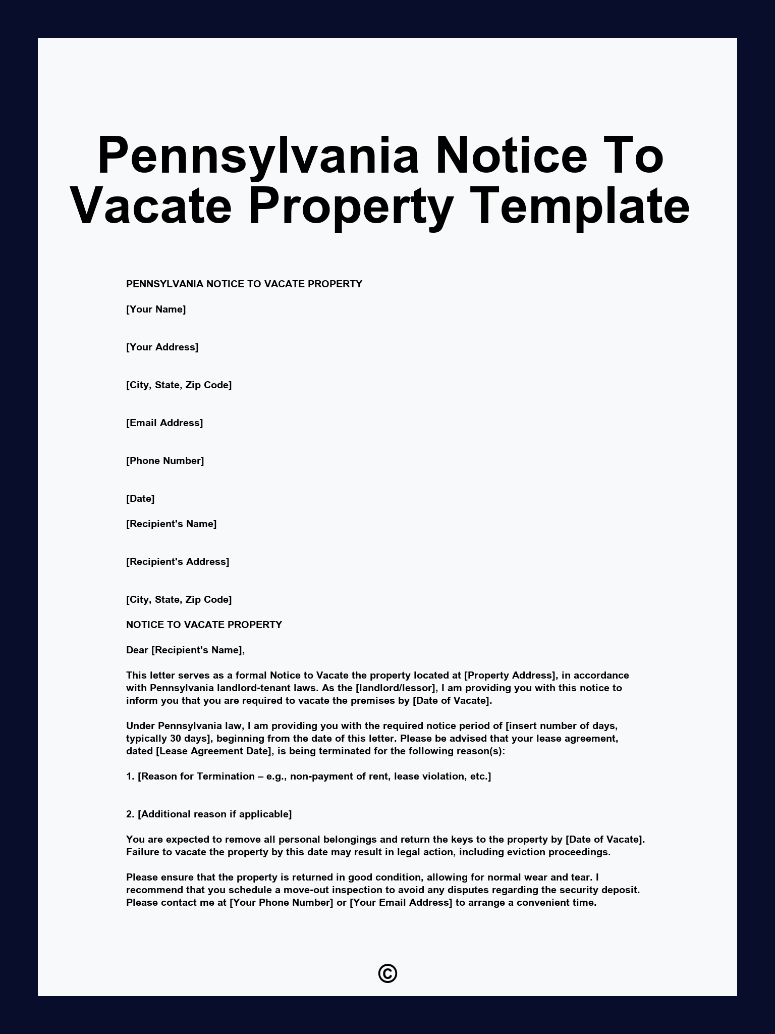 Pennsylvania Notice To Vacate Property Template