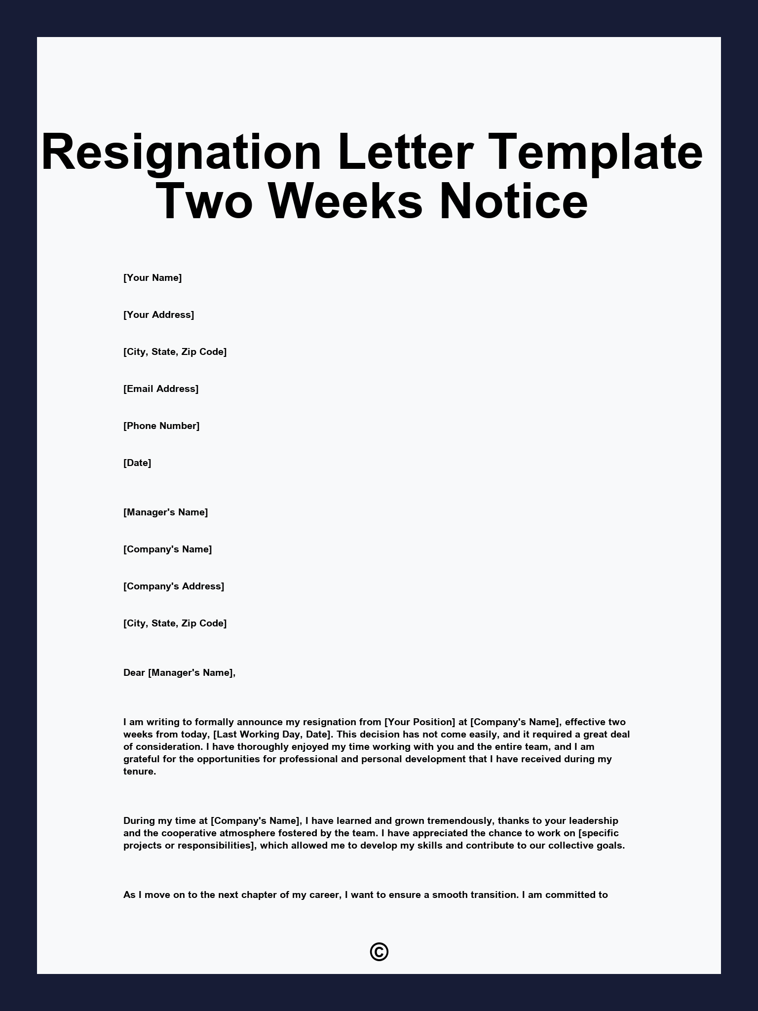 Resignation Letter Template Two Weeks Notice