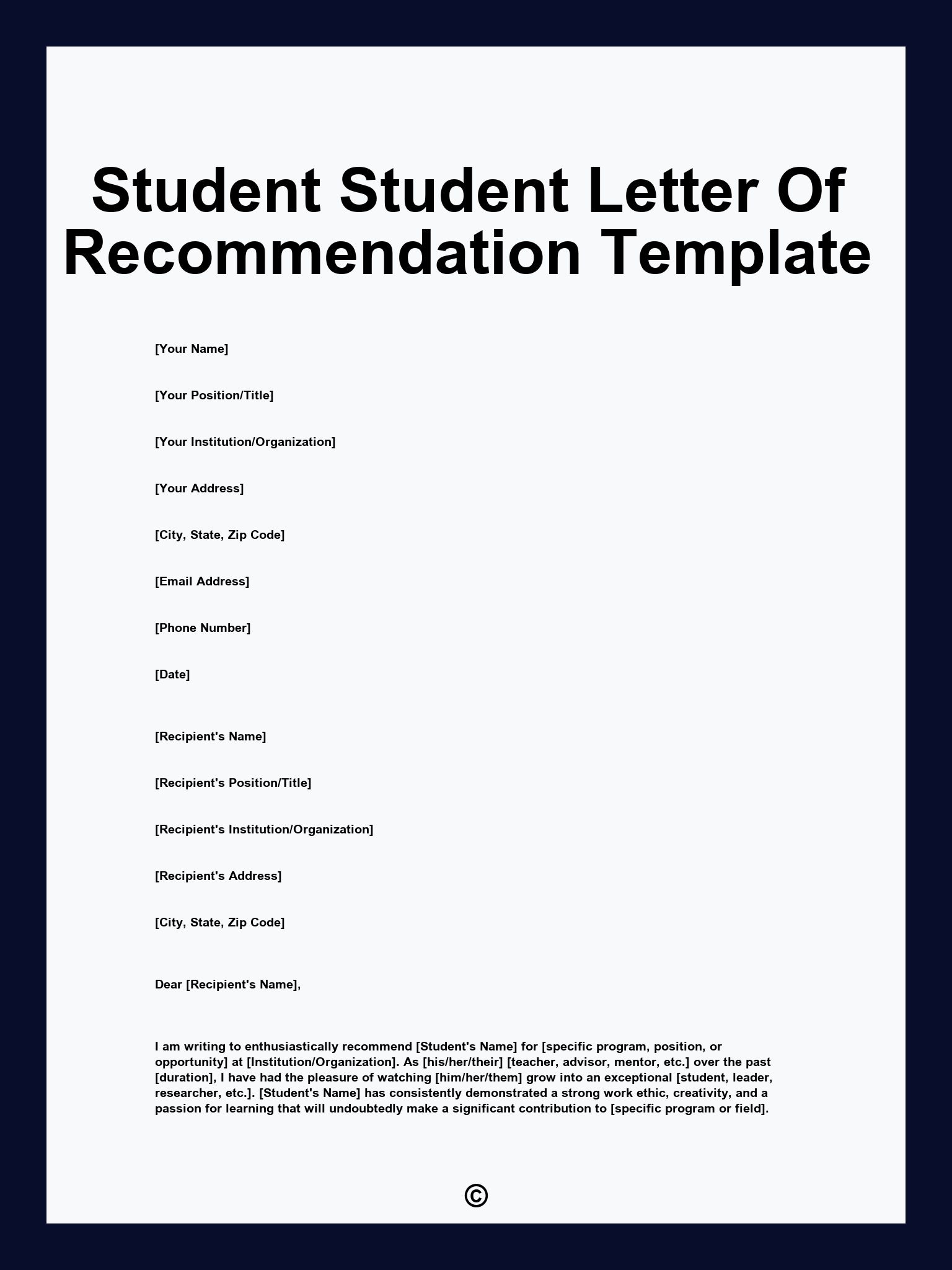 Student Student Letter Of Recommendation Template