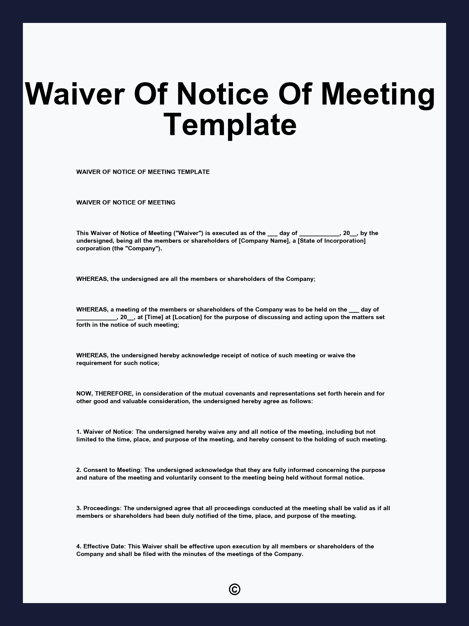 Waiver Of Notice Of Meeting Template