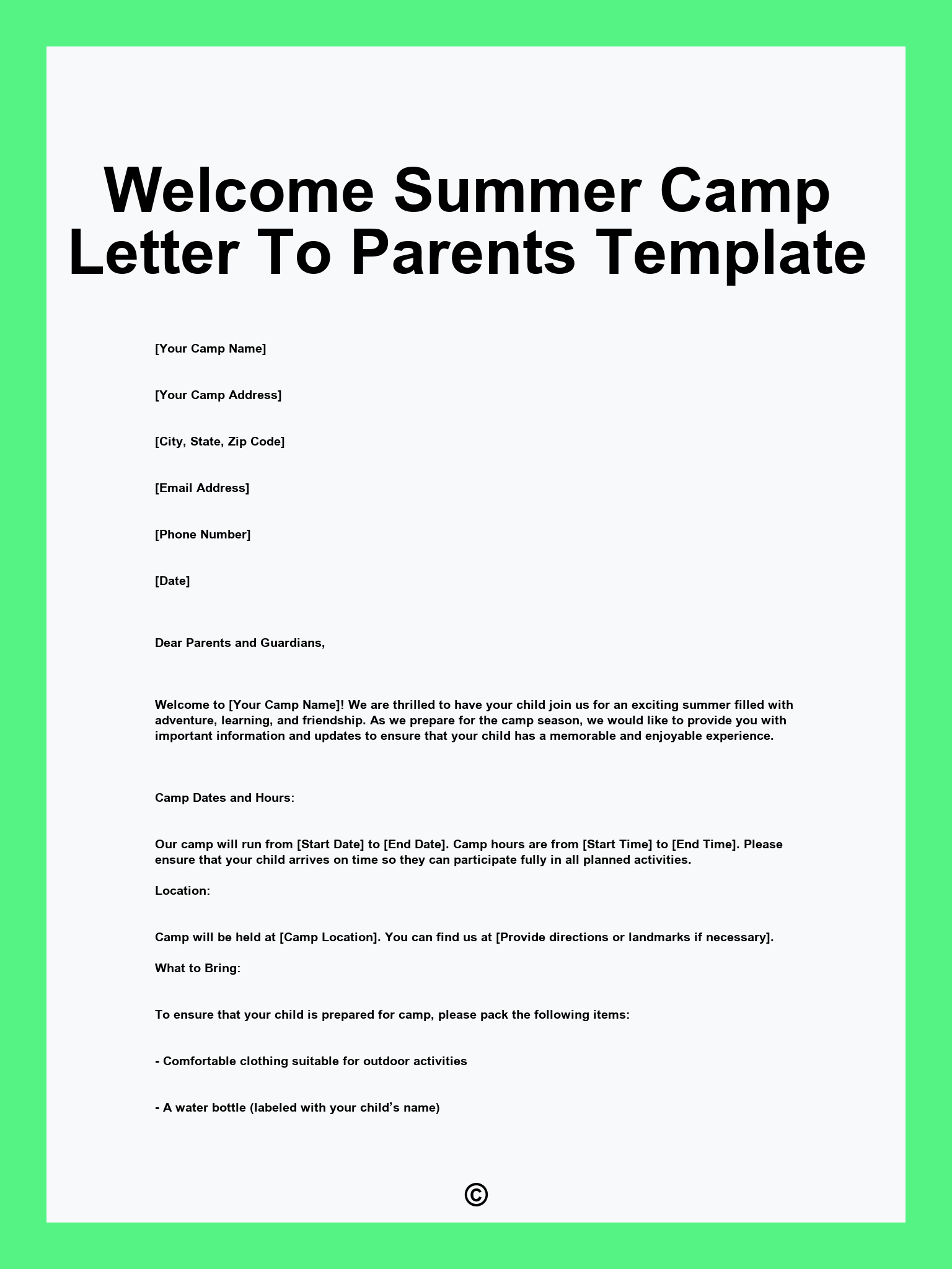 Welcome Summer Camp Letter To Parents Template